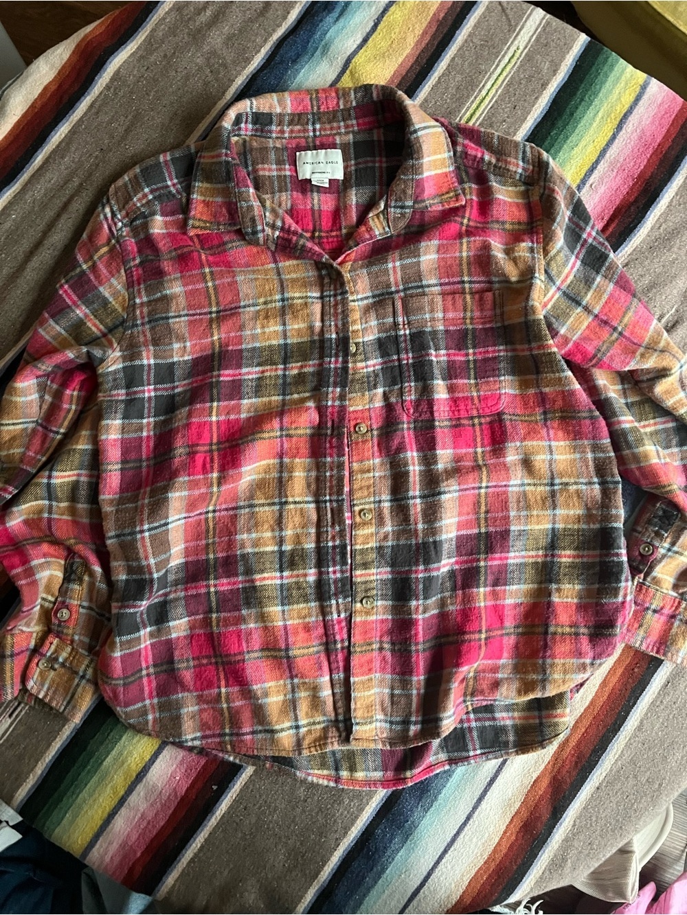 American Eagle Outfitters Plaid Button-Down Shirt Jacket - Pink, Brown, Yellow